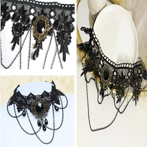 Vintage Lace Skull Choker Necklace, Lace Gothic Statement Necklace, Halloween Goth Choker Necklaces, Vampire Choker Necklace Costume for Women (Bl...