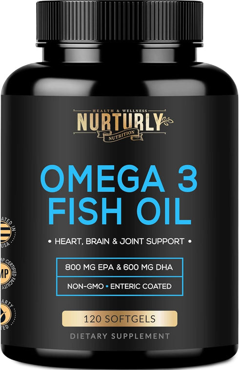 Omega 3 Fish Oil 2000mg, 800mg EPA and 600mg DHA - Enteric Coated and Burpless - Supports Joint, Brain, and Heart - Burpless, Non-GMO, 3rd Party L...