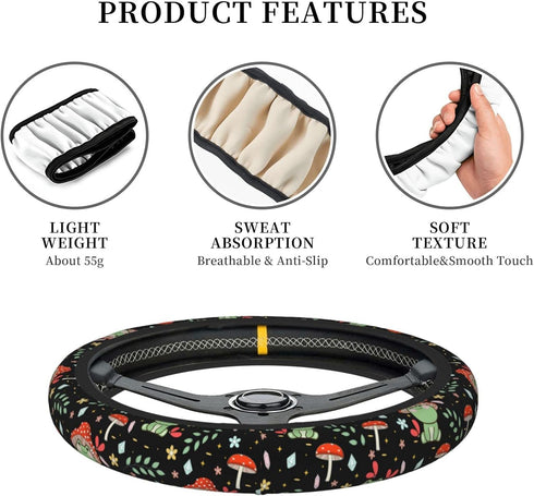 Green Frog Mushroom Steering Wheel Cover Non-Slip Auto Steering Wheel Protector Car Accessories Universal Fit 15 Inches for Men Women...