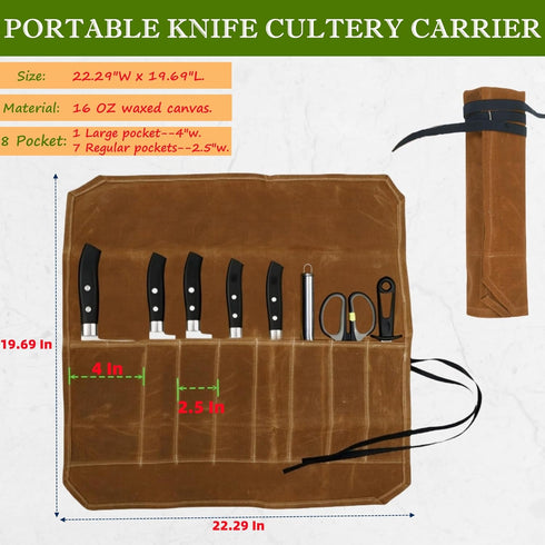 Waxed Canvas Knife Roll Bag,Portable Knife Cultery Carrier,Professional Chef Knife Case,Waterproof Knife Roll Storage Bag with 8 Slots,Holds 8 inc...