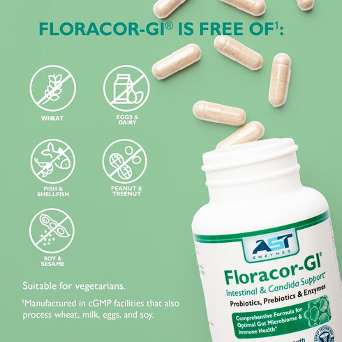 Floracor - Supports Gut & Intestinal Health - Premium Probiotic, Prebiotic and Enzyme Formula - 60 Vegetarian Capsules...