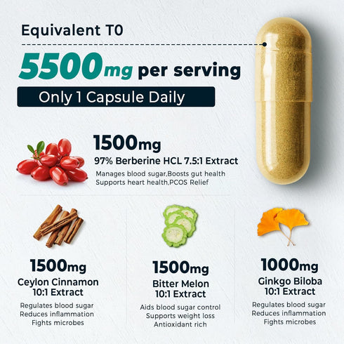 4-in-1 Berberine Supplement 1500mg,Glucose Support,Ceylon Cinnamon Bitter Melon Ginkgo, Boosts Immunity, Gut & Heart Health, 60 Capsules, High Pot...