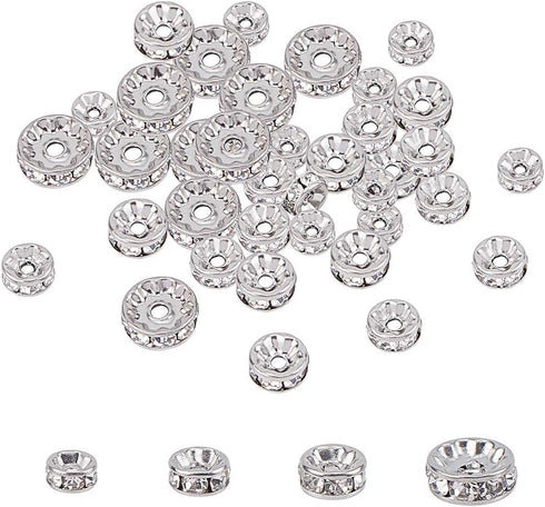 UNICRAFTALE 40pcs 4 Sizes 6mm/7mm/8mm/10mm Disc Spacer Beads 316 Stainless Steel with Clear Crystal Rhinestone Beads Flat Round Bead Spacer for Je...