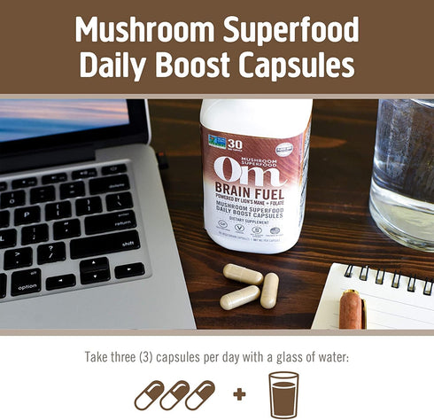 OM Mushroom Superfood Brain Fuel Mushroom Powder Capsules Superfood Supplement, 90 Count, 30 Days, Lion's Mane, Reishi Blend plus Folate, Mental C...