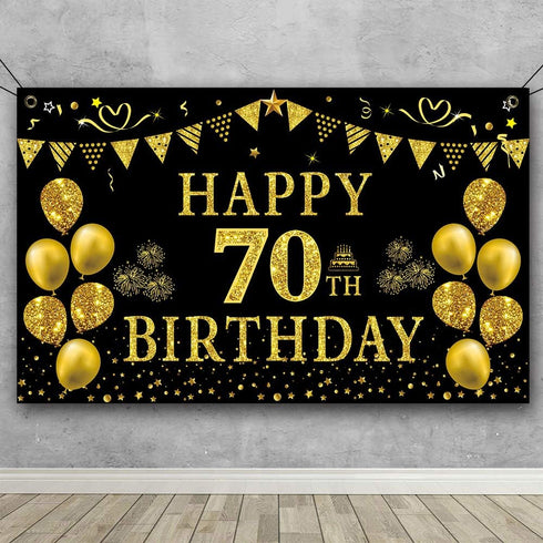 Trgowaul 70th Birthday Backdrop Gold and Black 5.9 X 3.6 Fts Happy Birthday Party Decorations Banner for Women Men Photography Supplies Background...