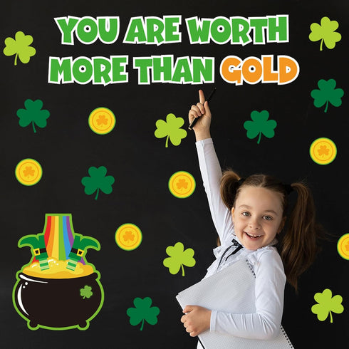 72Pcs St. Patrick's Day Bulletin Board Decor Set Shamrock Clover Gold Coin Cut-Outs with Glue Points Bulletin Board Stickers for Irish Holiday Sch...