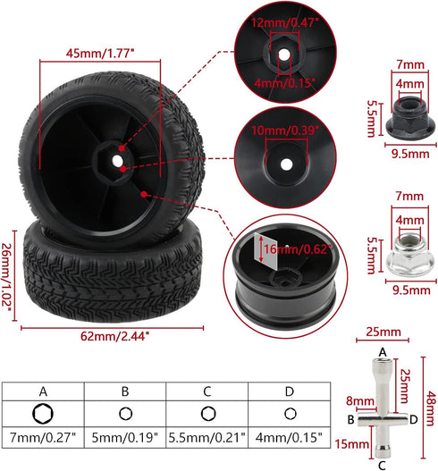 4 Pack 12mm Hex Wheels and Tires Set with Locknuts and Wrench for RC 1/10 On Road Racing Touring Car...