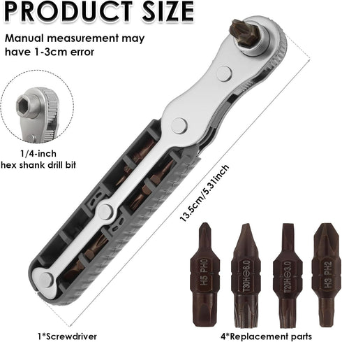 Mini Ratchet Set, 5-Piece 1/4 Ratchet Right Angle Screwdriver, 36-Tooth Bidirectional Ratcheting Wrench Bit Ratchet for Tight Spaces, Hand Tool wi...