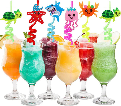 Sea Animal Birthday Party Supplies Reusable Plastic Straws with 8 Styles Under the SeaThemed Party Favors for Kids Party Decorations with Cleaning...