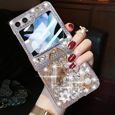 Samsung Galaxy Z Flip 5 Glitter Case with Hinge Protection Ring Holder,Cute Luxury 3D Crown Crystal Rhinestone Diamond Gems Bling Sparkle Shiny Wo...
