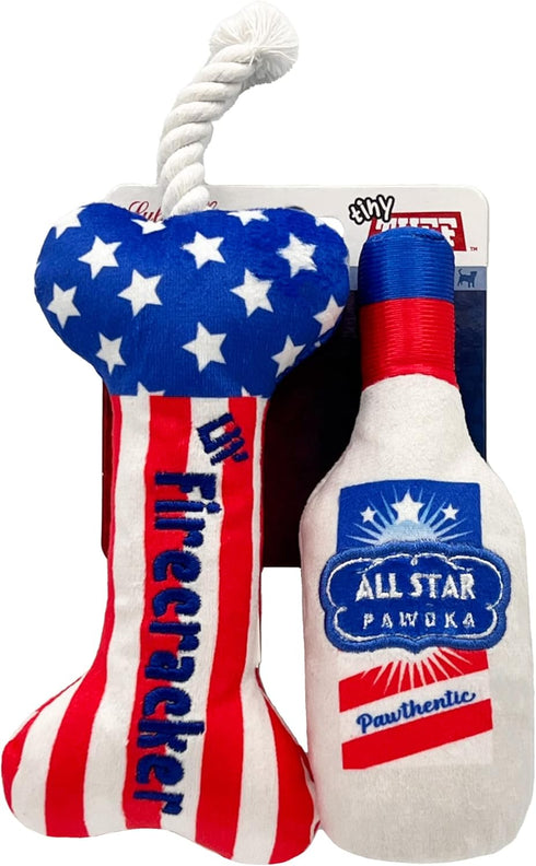 Huxley & Kent Tiny Tuff | Red, White, & Booze | Extra Tough Dog Toy for Small Dogs | 2-Pack Funny Dog Toy | Features Squeaker, Crinkle | Machine W...
