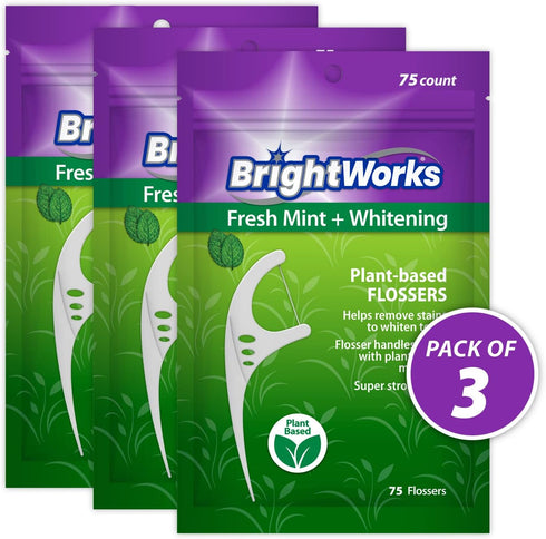 225 Piece BrightWorks Fresh Mint + Whitening Dental Flossers with plant-based handles, Super-Strong Floss and Mint-Flavored Floss with Micro-Cryst...