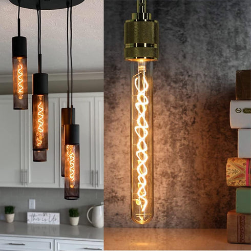 Leools Vintage LED Spiral Filament Bulb T10, 8.9inch Long Tubular Dimmable Edison Light Bulbs,E26 Base,Amber Glass,Warm White,2200K, 400LM(40W Equ...
