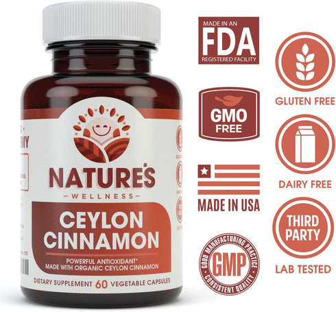 Natures Wellness Organic Ceylon Cinnamon - 1200 mg | Powerful Antioxidant | Maintains Joint Health and Mobility | Non-GMO | 60 Veg Capsules...