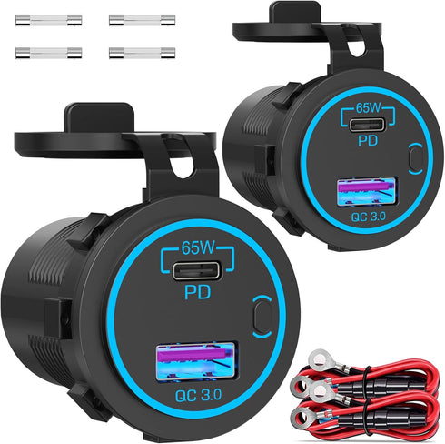 83W 12V USB Outlet Laptop Charger: Newest 2 Pack 65W USB-C PD3.0 and 18W QC3.0 Multi Car USB Port 12V Socket Waterproof with Power Switch for Car ...