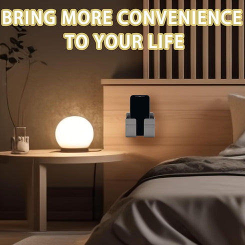 2 Pcs Wall Mount Phone Holder with 3M Adhesive Phone Stand with Data Cable Receiving Hole, Charger Remote Control Storage Box for Bedroom, Kitchen...