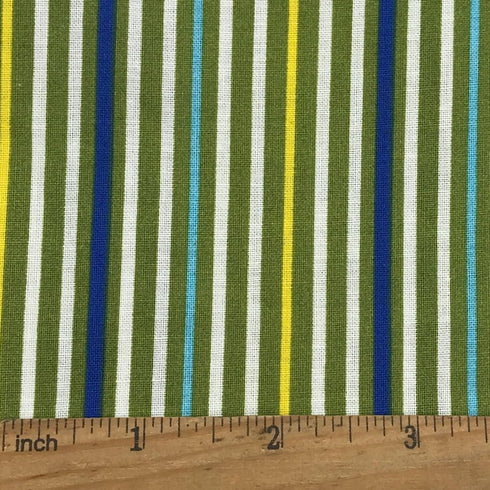 Printed Green-White-Navy-Yellow Striped Fabric Cotton Poplin 63inch 2 Yards Width for Sewing Apparels and DIY Home Craft Decors...