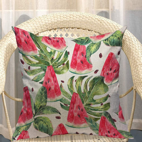 Mugod Slices of Watermelon Throw Pillow Exotic Tropical Fruit Leaves Seed Red Green Cotton Linen Square Cushion Cover Standard Pillowcase 18x18 In...