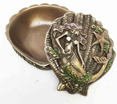 Ebros Beautiful Ocean Siren Mermaid with Starfish Oyster Shell Shaped Jewelry Box Figurine Mini Storage Decor Sculpture...
