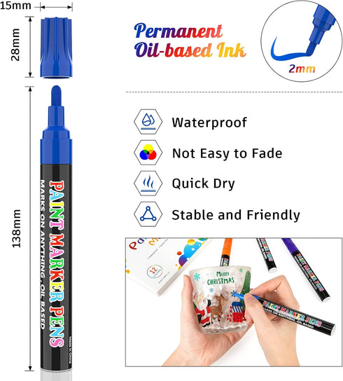Paint Markers Pens, 12 Colors Oil-Based Waterproof Fancy Paint Markers, Quick Dry Permanent Push Markers Set for Tire, Rock, Wood, Plastic, Canvas...