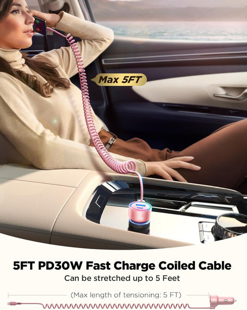 60W USB C Car Charger Fast Charge PD& QC3.0 with 30W Type C 5ft Coiled Cable, Car Phone Charger Adapter for iPhone 15 Pro Max Plus, Samsung Galaxy...