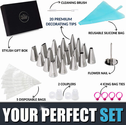 Cake Decorating Tip Set - 20 Piping Tips, 5 Frosting Bags, 4 Bag Ties, Couplers, Nail Flower, Reusable Pastry Bag, Brush and Gift Box - Great for ...