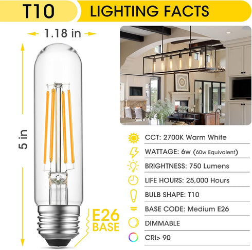 Dimmable E26 Edison Bulb, AC120V Warm White 2700K Light Bulbs, 6W, Equivalent 60W, 750LM, 5 Inch Long Tubular T10 LED Bulbs for Rustic Pendant, Ch...