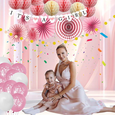 Baby Shower Theme Party Decorations It's a Boy and It's a Girl Banner Pink and Blue Balloons DIY Handmade Paper Flower Fans Honeycomb Balloons For...