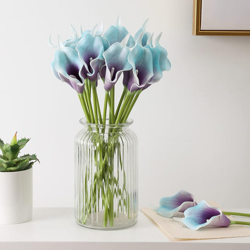 Duovlo 20pcs Calla Lily Bridal Wedding Bouquet Lataex Real Touch Artificial Flower Home Party Decor (Purple in Blue)...