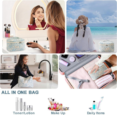 2 Pcs Cotton Quilted Makeup Bag Set, Floral Cotton Cosmetic Bag, Aesthetic Toiletry Travel Organizer Bag for Women Girls (Large+Medium)...