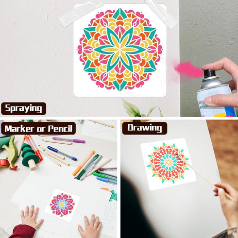 Wall Stencils for Painting Large Pattern, 9Pcs Mandala Stencils for Crafts on Wood Wall Floor, 12Inch Plastic Reusable Stencils for Furniture Deco...