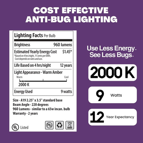 Norb Bug Reduction Light Bulb BUG LITE 9W LED. Indoor/Outdoor Amber Lights for Keeping Bugs Away from Garage, Porch, Patio, Deck, Campsite. Double...