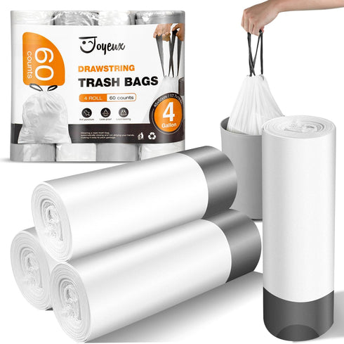 Small Trash Bags 4 Gallon - 60 Count Drawstring Unscented Small Garbage Bags, White Trash Can Liners for Bathroom, Bedroom, Office...