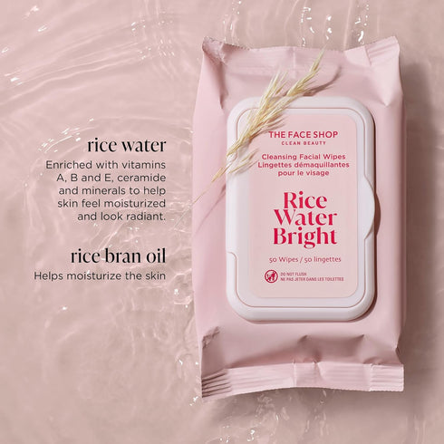The Face Shop Rice Water Bright Makeup Remover Wipes for Face with Rice Extract, Brightening, Moisturizing, Infused with Cleansing Milk, Vegan Dis...