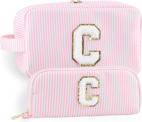 Makeup Bag Set 2pcs Spring Break Essentials Monogram Initial Cosmetic Bag Set Womens Toiletry Bag Nylon Skincare Bag With Portable Handle and Pock...