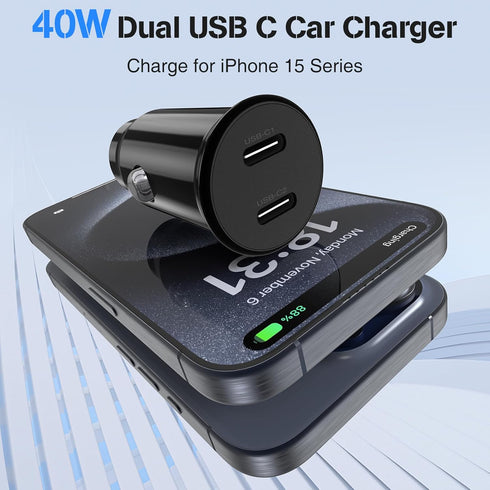 Car Charger for iPhone 15, 40W Dual USB C Car Charger Cigarette Lighter with 2 Pack 6FT USB C to USB C Cable Fast Charging Compatible for iPhone 1...