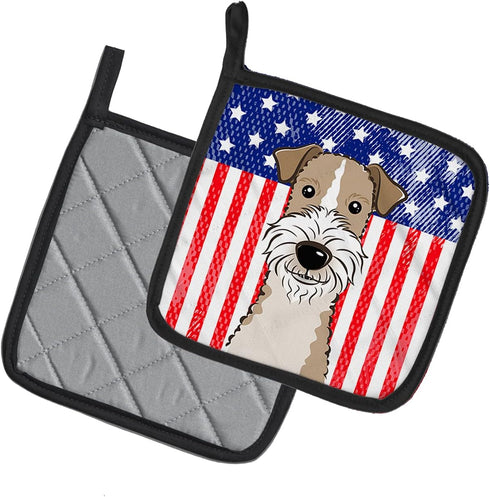 Caroline's Treasures BB2177PTHD American Flag and Wire Haired Fox Terrier Pair of Pot Holders Kitchen Heat Resistant Pot Holders Sets Oven Hot Pad...
