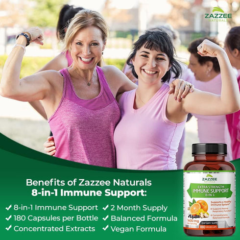 Zazzee Extra Strength 8-in-1 Immune Support, 1400 mg per Capsule, 180 Vegan Capsules, 1000 mg Vitamin C, 1000 IU mg D3, Zinc, Elderberry, Echinace...
