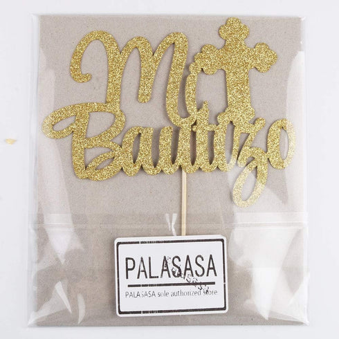 PALASASA Gold Glitter Mi Bautizo Cake Topper - Religious God Bless Me Cross Cake Décor - Holy First Communion Baby Shower - Christening Feliz Cump...