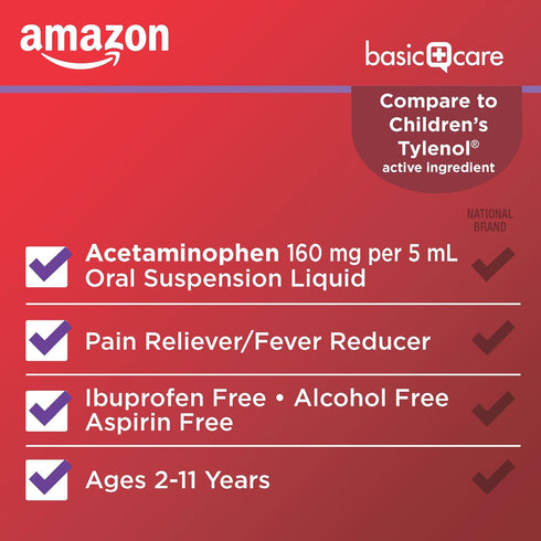 Amazon Basic Care Children's Pain and Fever, Acetaminophen 160 mg per 5 mL Oral Suspension, Grape Flavor, 8 fl oz...