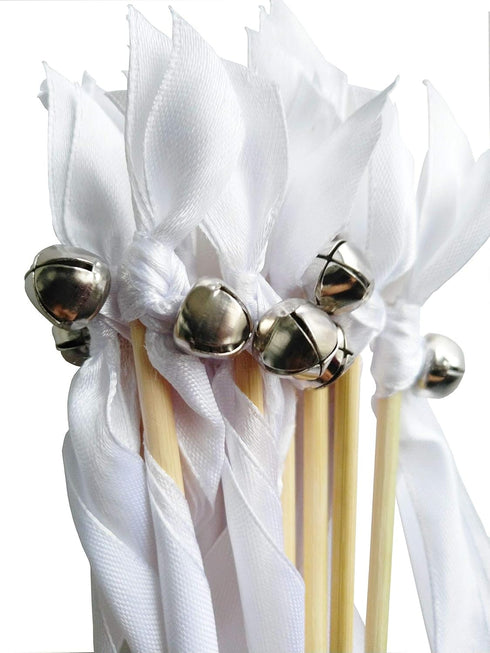 50PCS Ribbon Wands with Triple Ribbon and Silver Bell Party Wand Party Favors Streamers Ribbon Sticks Magic Fairy Wands for Wedding Decors...