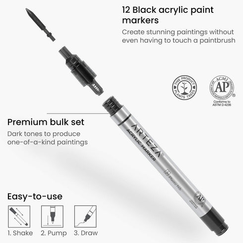 Arteza Acrylic Paint Markers, Pack of 12, Black Acrylic Paint Pens, Long-Lasting, Art & Craft Supplies, Black Paint Pens with Plastic Nib, Use on ...