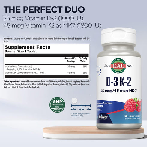 Kal 1000 Iu D-3 & K2 Tablets, Raspberry, 60 Count (Pack of 1)...