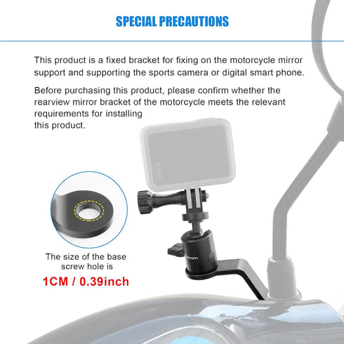 Motorcycle Rearview Mirror Mount for Gopro Motorcycle Aluminum Bracket Holder (360 Degree Rotation & 10mm Hole) Compatible with GoPro Hero 8/9/10/...