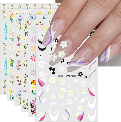 JMEOWIO 10 Sheets Flower French Tip Nail Art Stickers Decals Self-Adhesive Pegatinas Uñas Spring Summer Floral Line Nail Supplies Nail Art Design ...