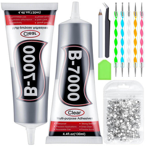 Cludoo B7000 Glue Clear with Precision Tip, 2pcs 130ml / 4.4 Fl Oz B7000 Rhinestone Glue Fabric Glue with Rhinestone Dotting Pen Tool, Wax Pencil,...