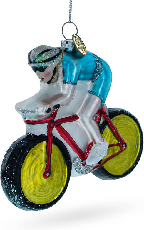 Cycling Sportsman on Bicycle Blown Glass Christmas Ornament...