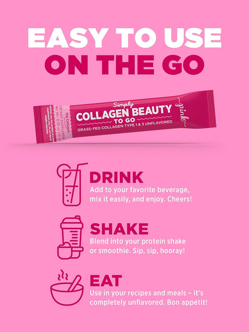 PINK Collagen Powder to Go | 20 Travel Packets | Unflavored Powder Type 1 & 3 | Gluten Free & Non-GMO Grass Fed Peptides...