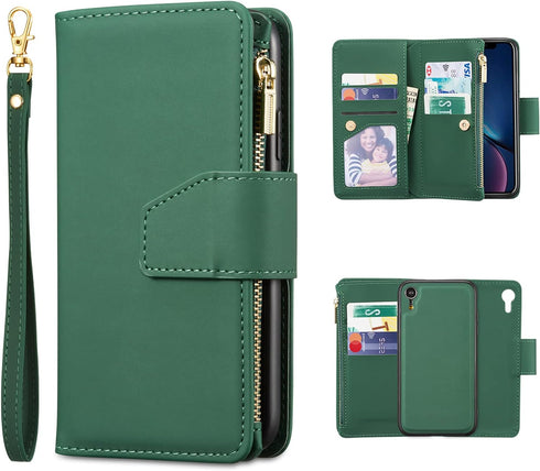 EYZUTAK Case for iPhone XR, Glossy PU Leather 9 Card Slots Magnetic Closure Detachable Wrist Strap Zipper Wallet Shockproof Removable Back Cover C...