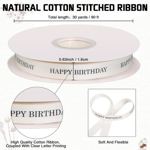 30 Yards 5/8 Inch Cotton Ribbon Happy Birthday Ribbon Craft Ribbon Birthday Ribbons for Gift Wrapping for Birthday Gifts Party Supplies Bow Making...